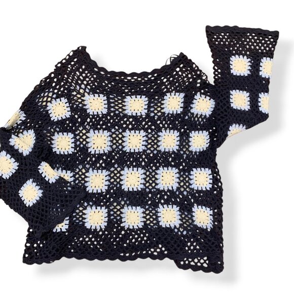 Women’s Sweater Crochet Open Navy Floral Granny Square Long Sleeve Boho Cottage - Picture 10 of 12